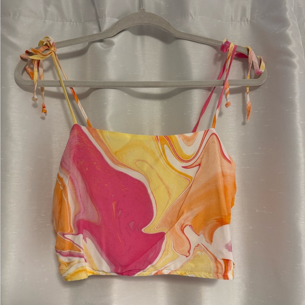 La Hearts Pink and Yellow Crop Tie Front Tank Top